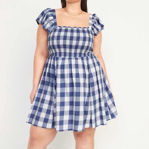 Old Navy Smocked Fit & Flare Mini Dress Plus Size 4X Flutter Sleeve Gingham Blue - Picture 3 of 15